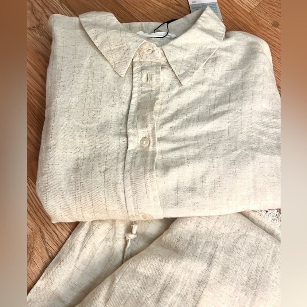 NWT,Neutral Linen Blend Textured Lounge Set Button Top + Fringe Pants EUC Size L - Picture 7 of 15